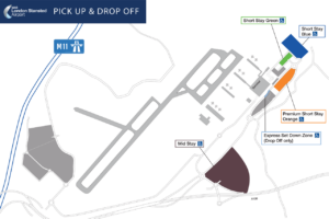 A map depicting London Stansted drop off charge and pick up points